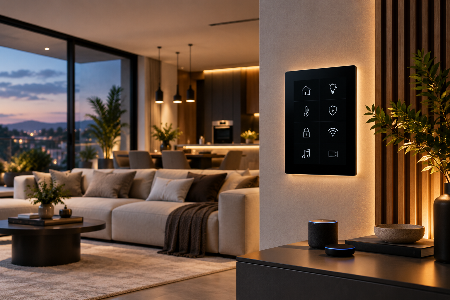 Smart home living room with wall control panel