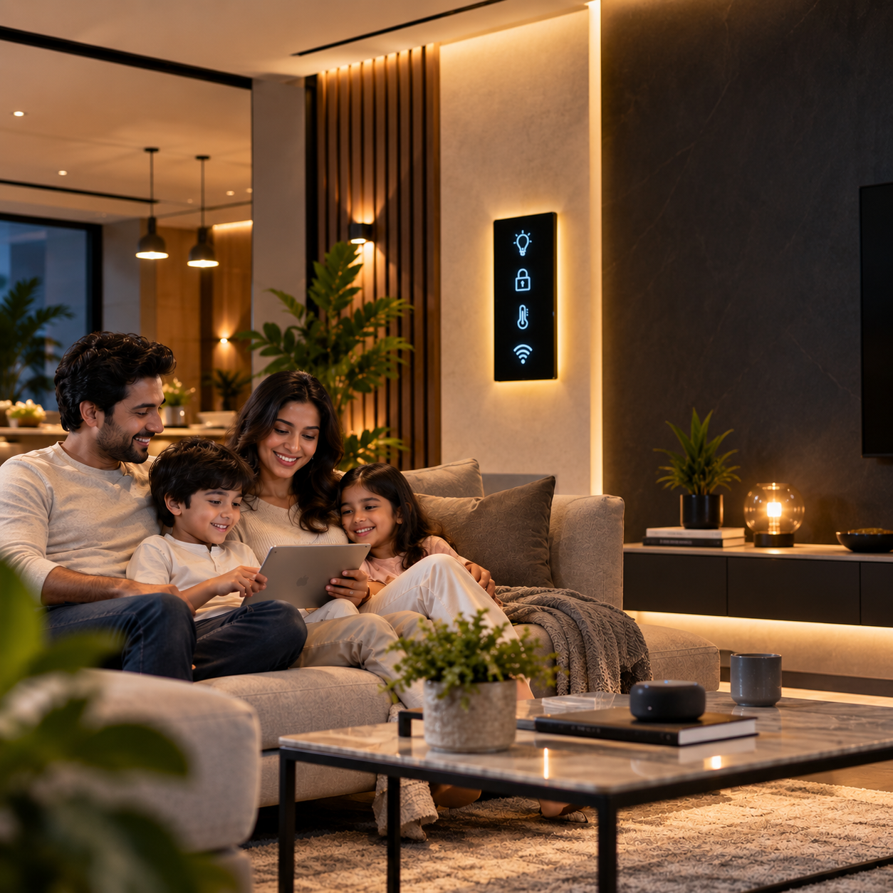 Family using a smart home panel